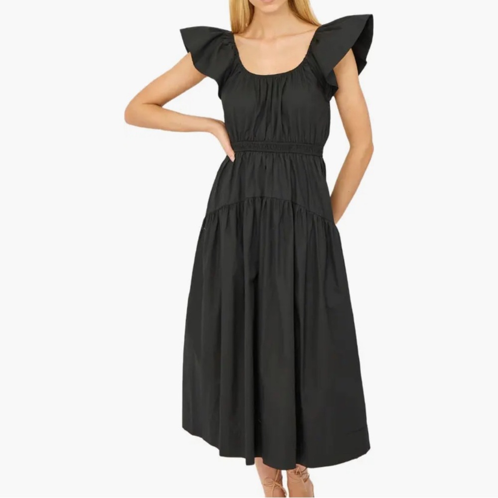 Marea Black Flutter-Sleeve Tiered Midi Dress